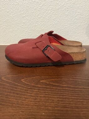 Birkenstock Birki’s Red Suede Slip-On Clog with Buckle